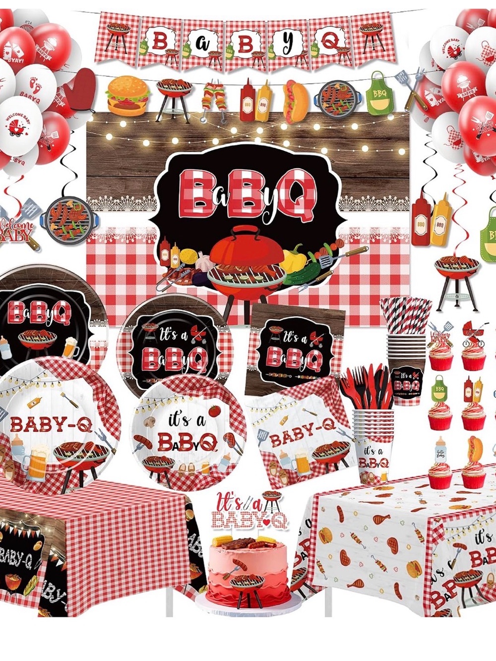Red Check BBQ Baby Shower Party Supplies Tableware Set